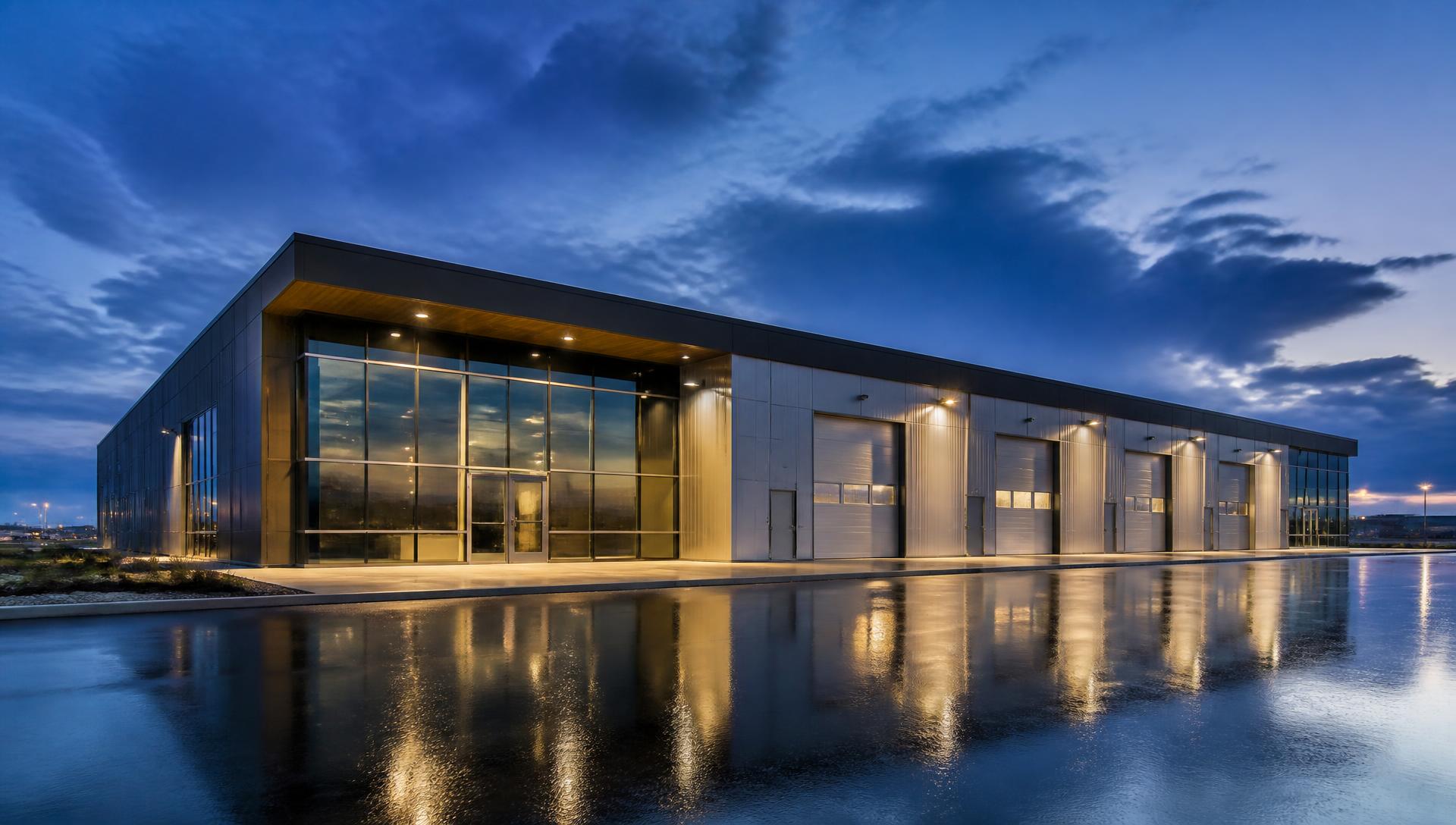 Moderne Gewerbehalle in der blauen Stunde
